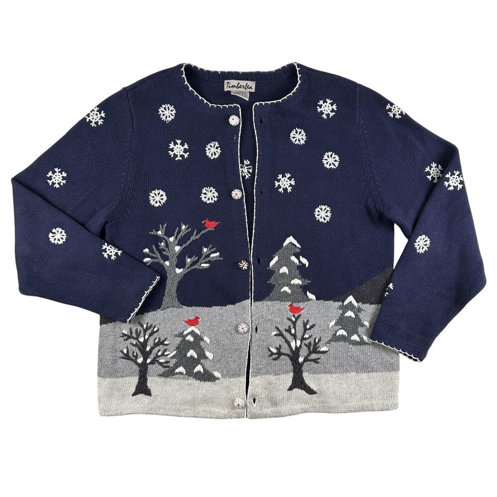 Timberlea Cardigan Sweater Womens XL Blue Winter Cardinal Snowflake Holiday